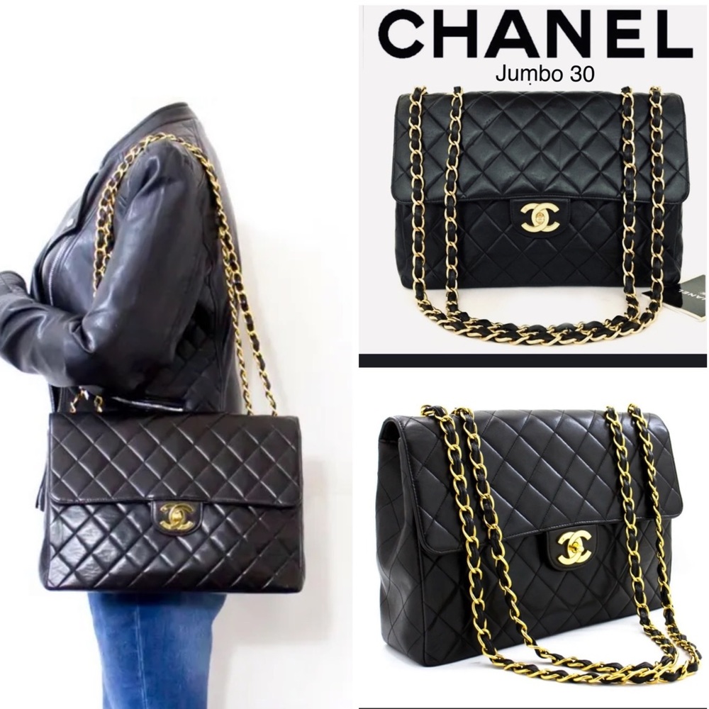 CHANEL 😍 CLASSIC JUMBO 30 😍Single Flap Lambskin 24K Box Duster card GorG EUC❗️